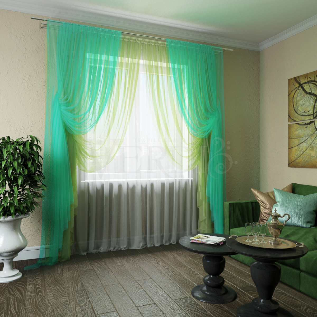 серо зеленые шторы в интерьере гостиной